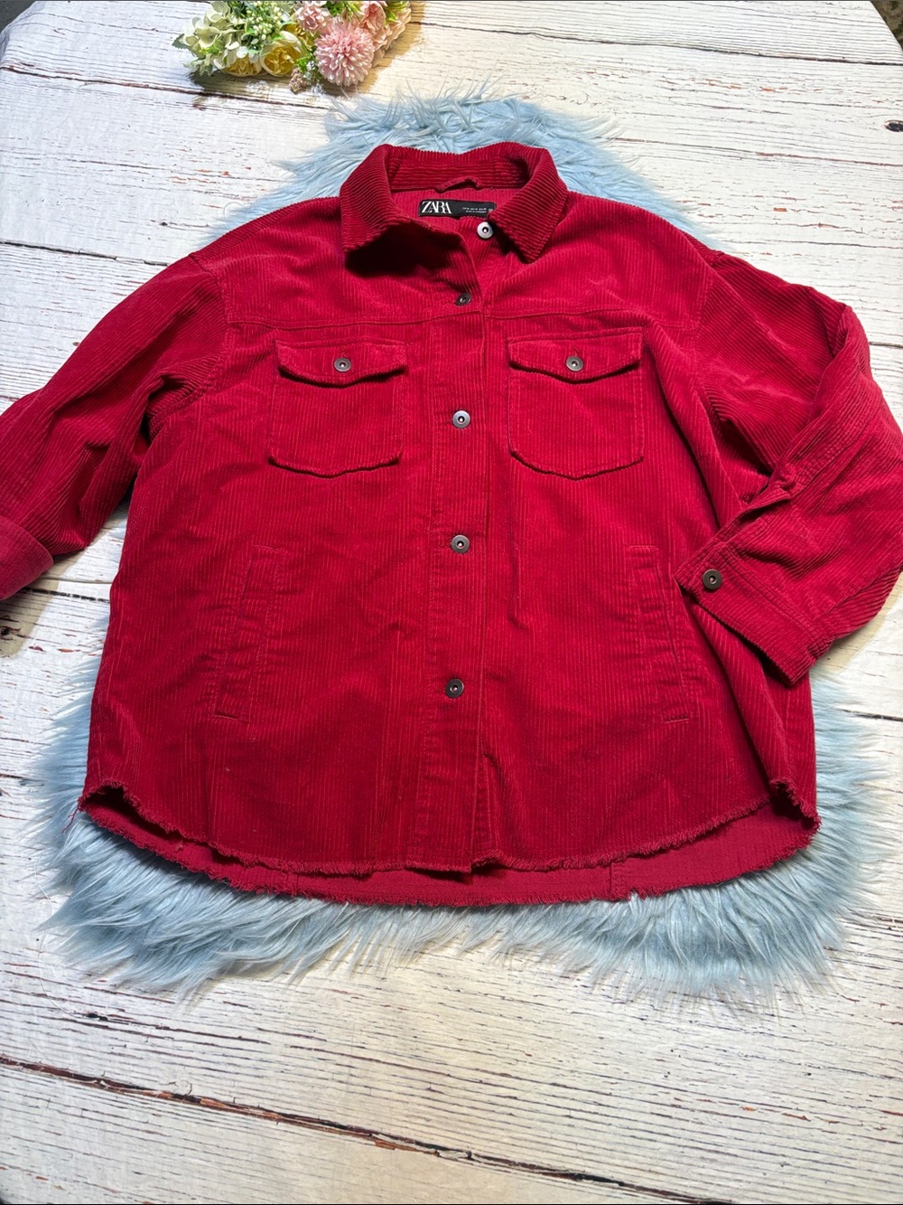 ZARA Vibrant Red Corduroy Button-Up Shirt Jacket Shacket Sz M